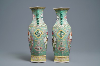 A pair of Chinese hexagonal famille rose vases, 20th C.