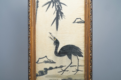 Chinese school, signed Li Kuchan (1899-1983), ink and colour on paper, dated 1972: four panels with birds on rocks