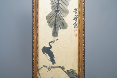 Chinese school, gesign. Li Kuchan (1899-1983), inkt en kleur op papier, gedat. 1972: vier panelen met vogels op rotsen