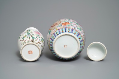 A Chinese famille rose jar and cover and a vase with floral design, 19/20th C.