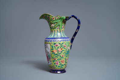 A Chinese Canton enamel lime green-ground ewer and basin, four-character mark, Qianlong/Jiaqing