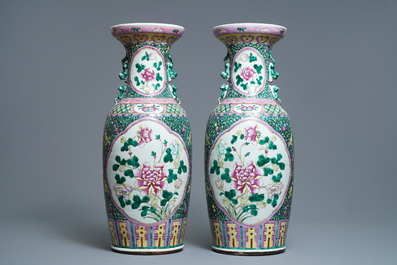 A pair of Chinese famille rose 'peony' vases, 19th C.