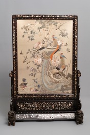 A large Chinese mother-of-pearl-inlaid wooden screen with silk embroidery, 19th C.