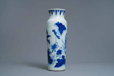 A Chinese blue and white sleeve vase depicting the legendary Zhang Xian, Transitional period