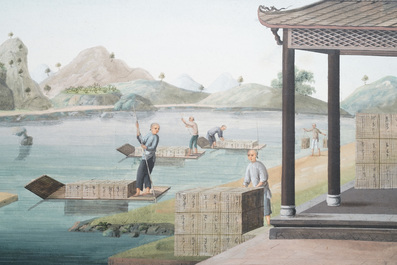 Ecole chinoise de Canton, aquarelle sur papier, 19&egrave;me: Quatre sc&egrave;nes sur la production du th&eacute;