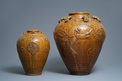Two Chinese brown-glazed martaban jars with applied design, 18/19th C.