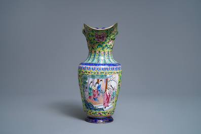 A Chinese Canton enamel lime green-ground ewer and basin, four-character mark, Qianlong/Jiaqing