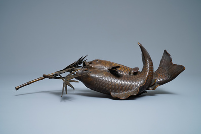 A Japanese bronze group depicting two koi fish, Meiji, 19th C.