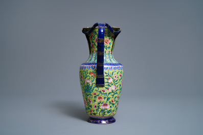 A Chinese Canton enamel lime green-ground ewer and basin, four-character mark, Qianlong/Jiaqing