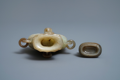 A Chinese jade 'twin fish' vase and a russet jade model of a dog, 19/20th C.