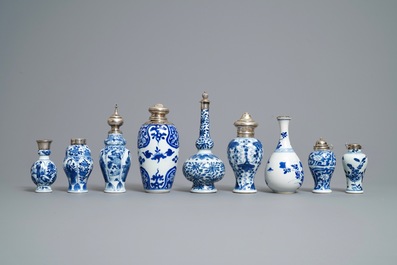 Nine Chinese blue and white silver-mounted vases, Kangxi