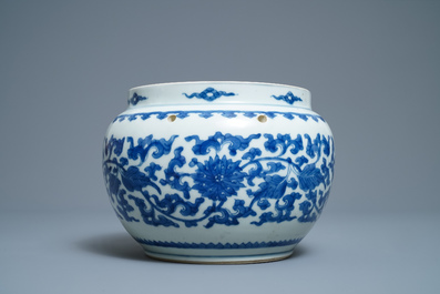 A Chinese blue and white 'lotus scroll' bowl, Kangxi