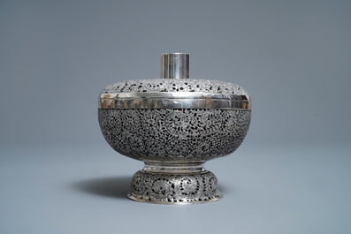 A Chinese or Vietnamese reticulated silver bowl and cover with glass inside, 20th C.