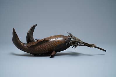 A Japanese bronze group depicting two koi fish, Meiji, 19th C.