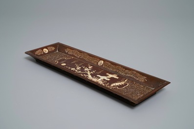 A rectangular Chinese mother-of-pearl-inlaid lacquered wooden tray, 17/18th C.