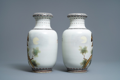 A pair of Chinese polychrome vases with birds of prey, signed Cheng Yiting (1885-1948), dated 1931