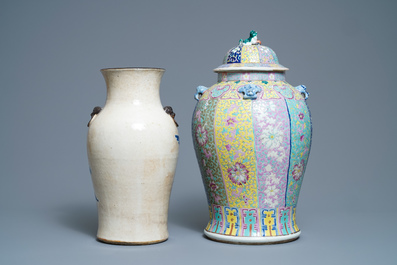 A Chinese famille rose vase with cover and a blue and white crackle-glazed vase, 19th C.