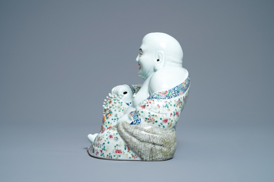 A Chinese famille rose figure of Buddha, impressed seal mark, 19/20th C.
