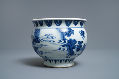 Een zeldzame Chinese blauw-witte wierookbrander met figuren in een landschap, Transitie periode