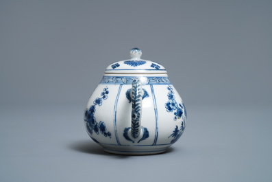 A Chinese blue and white 'prunus blossom' teapot, Kangxi