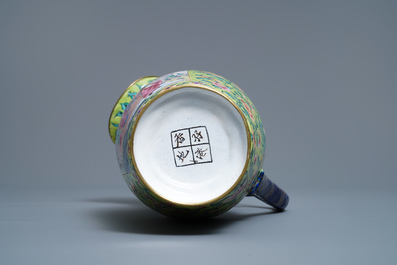 A Chinese Canton enamel lime green-ground ewer and basin, four-character mark, Qianlong/Jiaqing