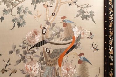 A large Chinese mother-of-pearl-inlaid wooden screen with silk embroidery, 19th C.