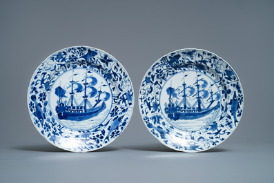 Zes Chinese blauw-witte schotels met VOC-schepen, Kangxi