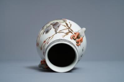 A Chinese polychrome hu vase with birds, signed Cheng Yiting (1885-1948), dated 1936