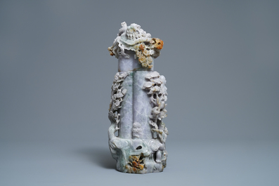 A Chinese jadeite vase and cover with Buddha and playing children, 19/20th C.