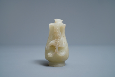 A Chinese celadon russet jade chilong-handled jug, Qing