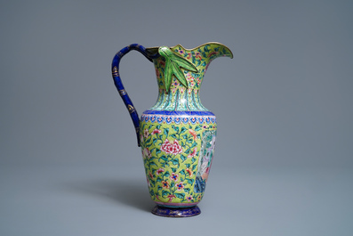 A Chinese Canton enamel lime green-ground ewer and basin, four-character mark, Qianlong/Jiaqing