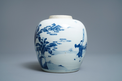 A Chinese blue and white ginger jar with figurative design, Kangxi