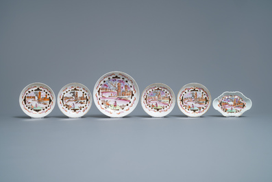 Un service &agrave; th&eacute; de 17 pi&egrave;ces en porcelaine de Chine famille rose de style Meissen, Qianlong