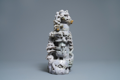 A Chinese jadeite vase and cover with Buddha and playing children, 19/20th C.