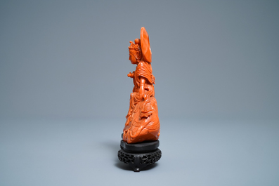 A Chinese carved red coral group of Guanyin on an elephant, 19th C.