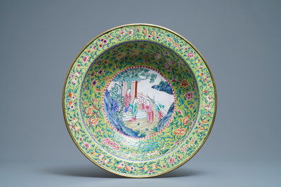 A Chinese Canton enamel lime green-ground ewer and basin, four-character mark, Qianlong/Jiaqing