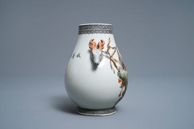 A Chinese polychrome hu vase with birds, signed Cheng Yiting (1885-1948), dated 1936