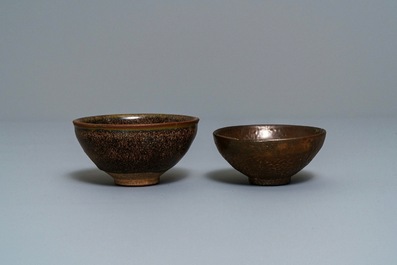 Two Chinese jianyao 'hare's fur' and speckled brown glaze tea bowls, Song