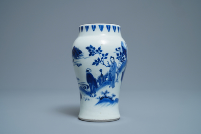 A Chinese blue and white vase with figures in a landscape, Transitional period