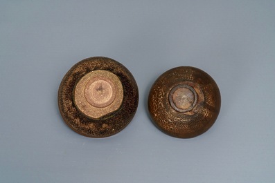 Two Chinese jianyao 'hare's fur' and speckled brown glaze tea bowls, Song