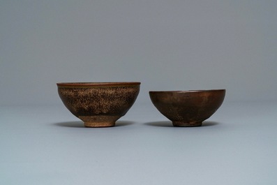 Two Chinese jianyao 'hare's fur' and speckled brown glaze tea bowls, Song