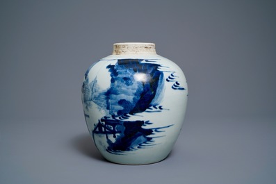 A Chinese blue and white ginger jar with figures in a landscape and a wooden cover, Transitional period