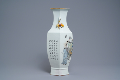 A Chinese hexagonal qianjiang cai 'immortals' vase, 19/20th C.