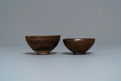 Two Chinese jianyao 'hare's fur' and speckled brown glaze tea bowls, Song