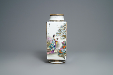 A Chinese famille rose cong vase, signed Zhang Songmao, dated 2002
