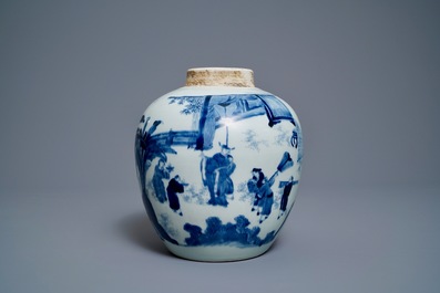 A Chinese blue and white ginger jar with figures in a landscape and a wooden cover, Transitional period