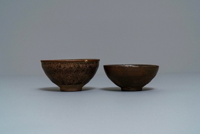 Two Chinese jianyao 'hare's fur' and speckled brown glaze tea bowls, Song