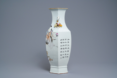 A Chinese hexagonal qianjiang cai 'immortals' vase, 19/20th C.