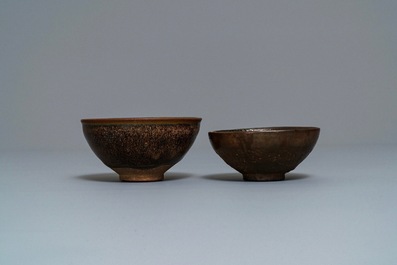 Two Chinese jianyao 'hare's fur' and speckled brown glaze tea bowls, Song