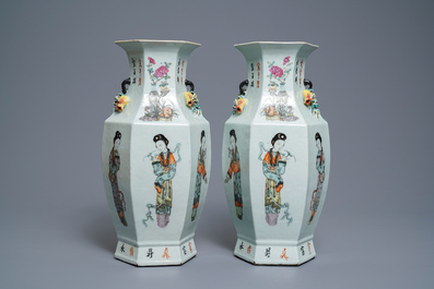 A pair of Chinese hexagonal qianjiang cai vases with ladies, 19/20th C.